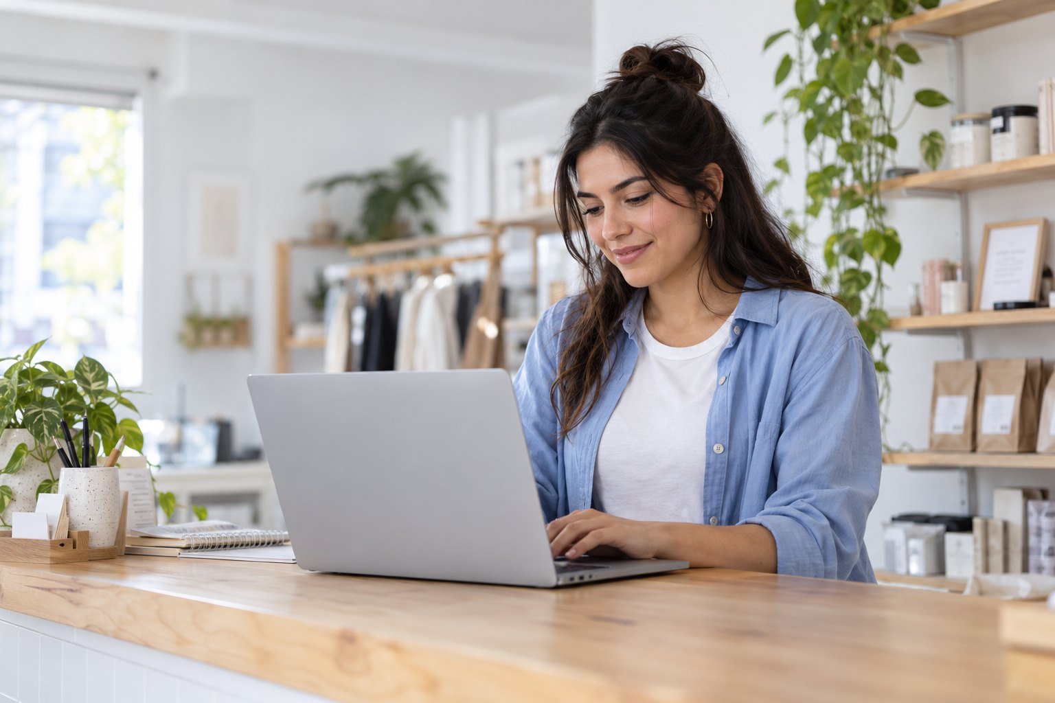 Dueña de un local atendiendo su negocio desde la notebook, en el mostrador